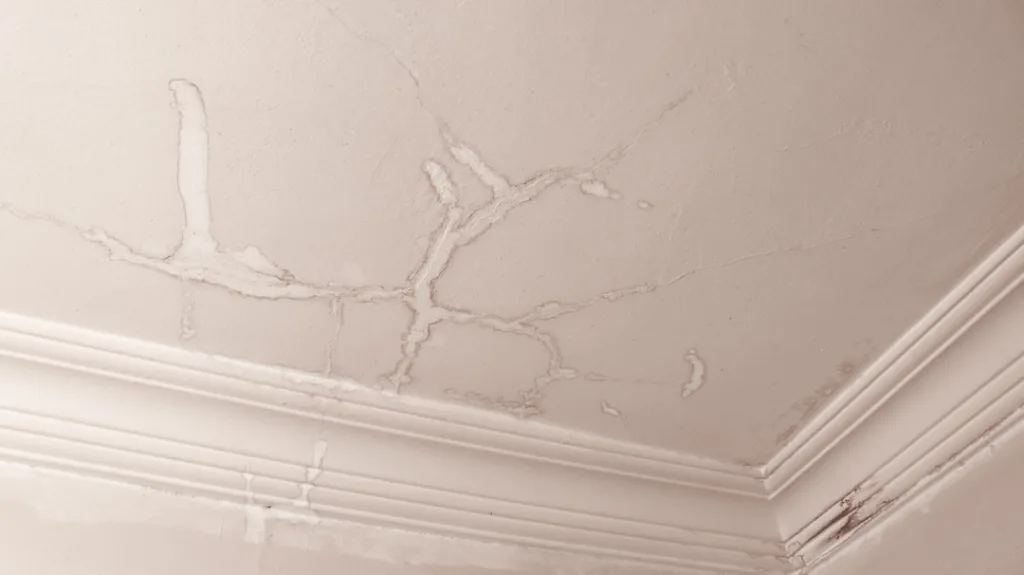 Dirty interior ceiling after water leak and moisture. Interior ceiling stained from water damage