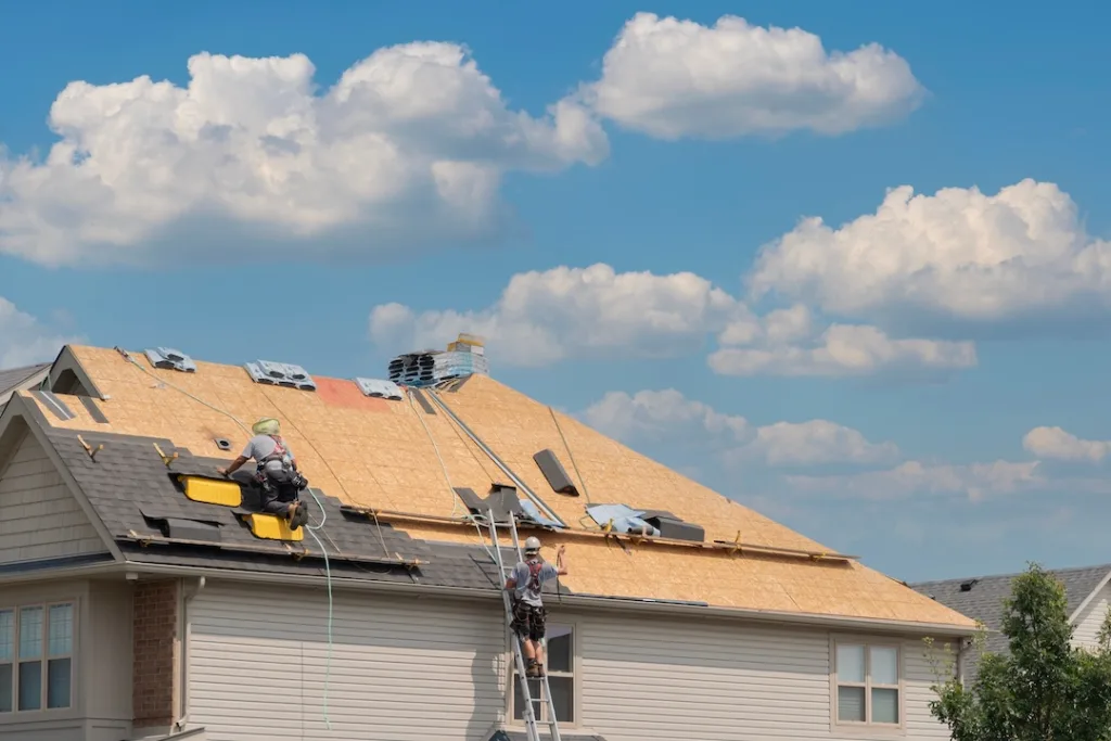 Roofers completely replace old asphalt shingle roof during summer